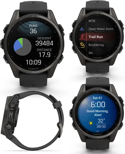 Vista 2 de Garmin Fenix 0.315 – 1.693 in Zafiro, AMOLED Multisport GPS Smartwatch, gris carbón DLC titanio con silicona negro/gris guijarro, linterna LED fenix