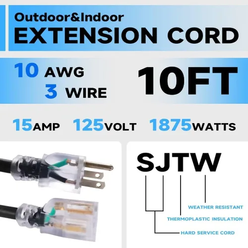 Vista 2 de Cable de extensión iluminado para exteriores de 10 pies, cable de extensión negro resistente SJTW de 10/3 con enchufe de conexión a tierra de 3
