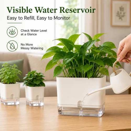 Vista 5 de Planterhoma Macetas de riego automático para plantas de interior de 4.3 pulgadas, 6 paquetes de macetas cuadradas de riego automático con orificio