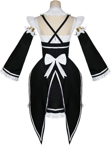 Vista 4 de FMMOEK Disfraz de Re Zero para mujer disfraz de sirvienta de anime capa de media oreja vestido blanco