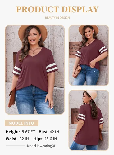 Vista 101 de Eytino Blusas de talla grande para mujer, cuello en V, manga corta, a rayas, casual, holgada, con bolsillo (1X-5X)