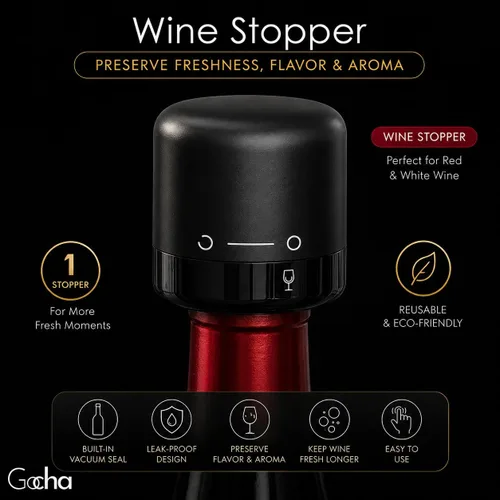 Vista 2 de GOCHA Tapón de vino al vacío, conservador de vino al vacío integrado, sellador universal de botellas de vino, parte superior giratoria de silicona