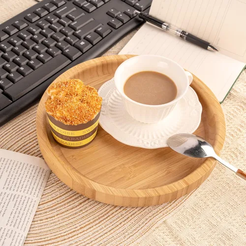 Vista 5 de Dranixly Bandeja de servir, redonda de bambú, hermosa decorativa para cocina, comedor, mesa de café, adecuada para almacenamiento y exhibición
