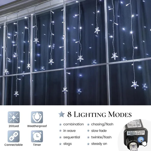 Vista 2 de oopswow 200 luces LED de carámbano de 16.5 pies para exteriores, cortina de carámbano blanca, 40 gotas, 8 modos con temporizador, luz de estrella