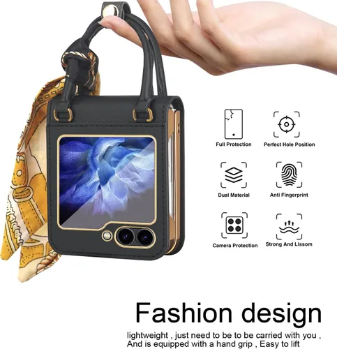 Vista 5 de Funda de cuero prémium para Galaxy Z Flip 6 con agarre de mano y bufanda de seda con correa de muñeca para mujer, funda Z Flip6 con protector