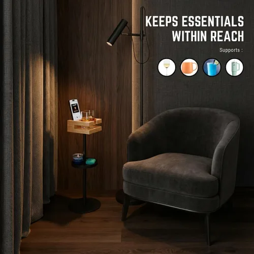 Vista 5 de Mesa de bebidas para espacios pequeños – Mesa auxiliar delgada de pedestal con parte superior de madera real y base estable para café y cócteles