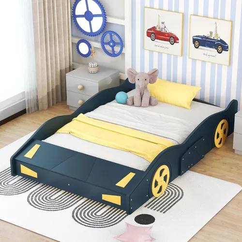 Vista 12 de Harper & Bright Designs Cama de plataforma en forma de auto de tamaño individual con almacenamiento y ruedas, cama individual para niños, marco