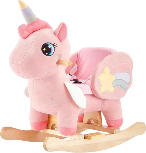 Vista 14 de FUNLIO Caballo mecedor de unicornio para bebé, caballo mecedor de unicornio de hadas arco iris para niños pequeños de 6 meses a 3 años, balancín