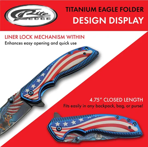 Vista 4 de SZCO 300583 - Cuchillo plegable EDC con mango de titanio American Eagle de 8.25 pulgadas con clip de bolsillo, rojo, blanco y azul