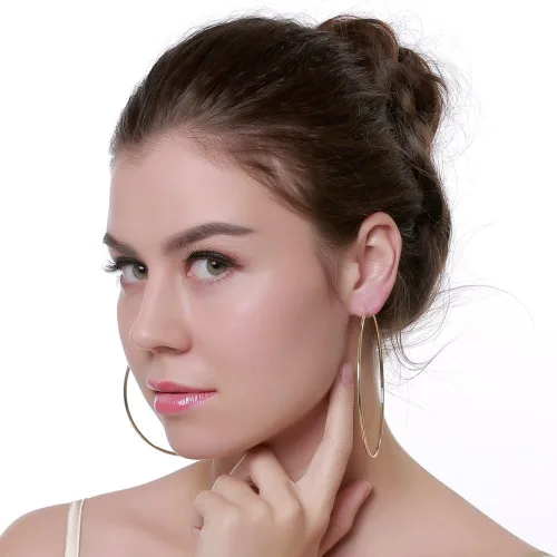 Vista 3 de Aretes de aro chapados en oro amarillo de 14 quilates de 3.543 in para mujeres y niñas, orejas sensibles, delicados aros redondos de acero