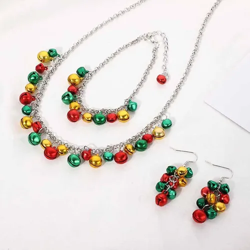 Vista 4 de Long tiantian Collar de Navidad para mujer, aretes de Navidad para niñas, collar de X-Mas, conjunto de aretes de cascabel, collar de bulbo