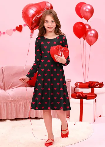 Vista 5 de BesserBay Vestido midi de manga larga con estampado de corazón para el día de San Valentín para niña, 4-14 años
