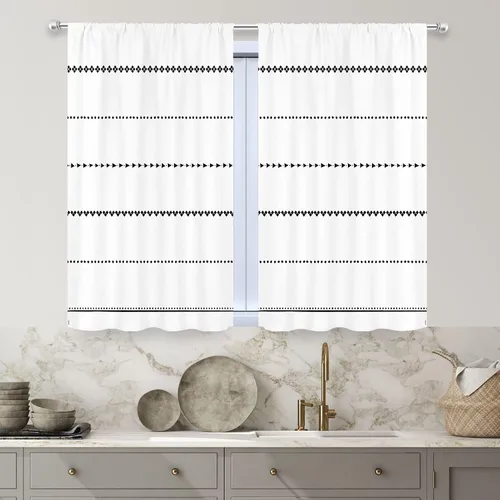 Vista 2 de MESHELLY Boho Kitchen Curtains 27.5Wx39H Inch Rod Pocket Black and White Modern Abstract Minimalist Geometric Tassels Chic Bedroom Window Drapes