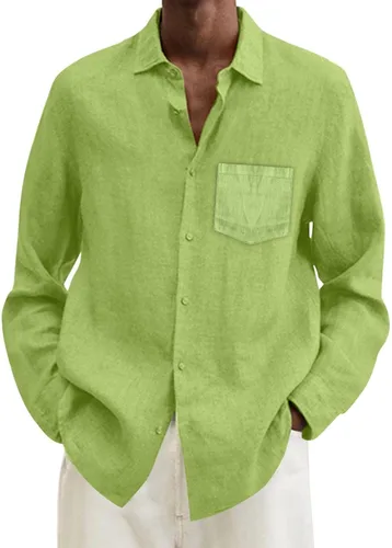 Vista 8 de Camisa de algodón y lino para hombre, talla grande, ajuste holgado, manga larga, cuello abatible, casual, tops de verano