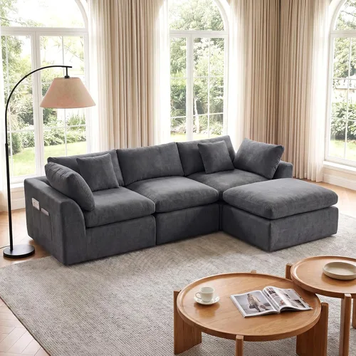 Vista 11 de Sofá nube sin hueso de 111 pulgadas en forma de L con diván, sofá modular de 3 plazas para sala de estar, sofás de felpilla deshuesados de gran Beige