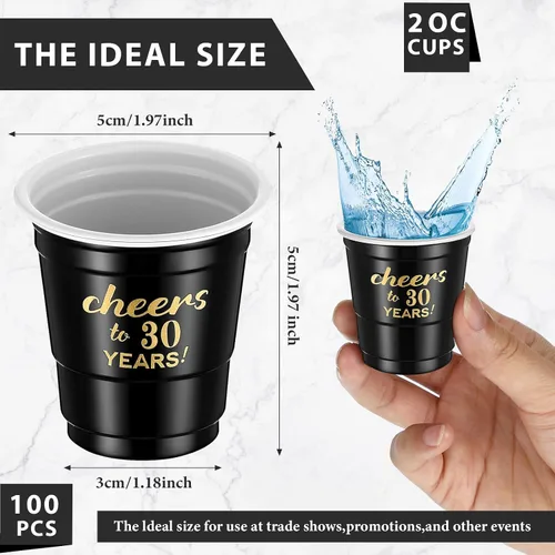 Vista 2 de 100 vasos desechables de plástico transparente para cumpleaños de 30 años de 30 años, de 2 onzas, para hombres y mujeres, para aniversario, fiesta