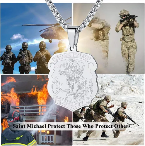 Vista 5 de FaithHeart - Collar de San Miguel, dije personalizado de protección del arcángel, para hombres y mujeres, acero inoxidablechapado en oro Medalla