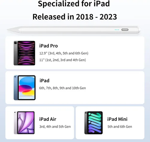 Vista 2 de Lápiz capacitivo de carga rápida para iPad 2018-2023, para iPad 10ª/9ª/8ª/7ª/6ª, iPad Air 4/3ª, Mini 6ª/5ª, Pro 11''/12.9', lápiz capacitivo con 5