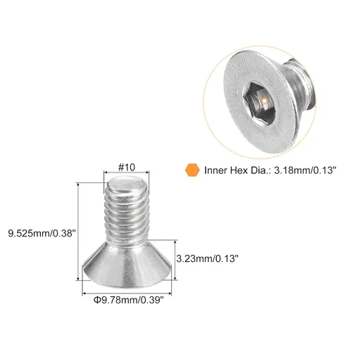 Vista 2 de uxcell tornillos de cabeza avellanada plana #10-32x3/8, 50 piezas de tornillos de cabeza plana de acero inoxidable 304 con llave hexagonal, rosca