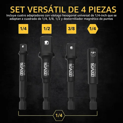 Vista 6 de LEXIVON - Juego de adaptador de enchufe de impacto y portabrocas magnético, 4 piezas de extensión de vástago hexagonal de 1/4 de pulgada a punta