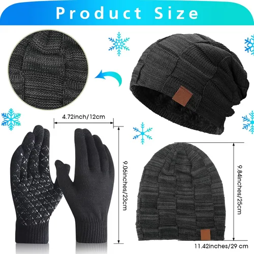 Vista 2 de 4 Pack Winter Hats for Men Beanie and Gloves SetWinter Slouchy Beanie Hat Warm Gloves Lined Knit Thick