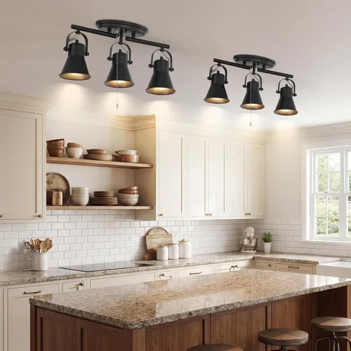 Vista 7 de Iluminación de pista de 3 luces con cadena de tracción, lámpara de techo ajustable negra, accesorios de iluminación de pista giratoria para cocina
