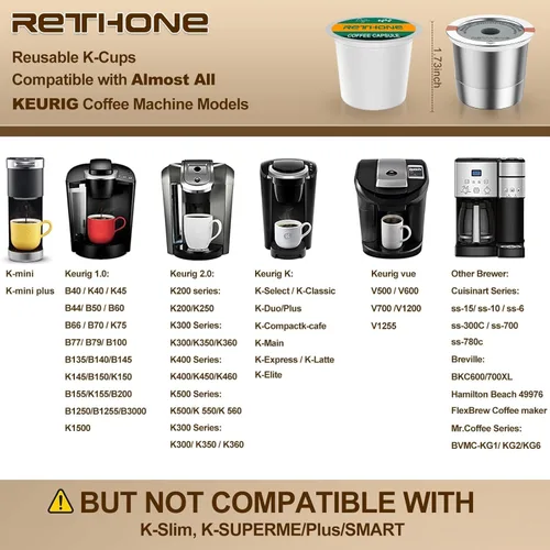 Vista 2 de RETHONE K Cup Cápsulas de café reutilizables, filtro de café de K Cup reutilizable de acero inoxidable compatible con cafeteras Keurig 1.0 y 2.0