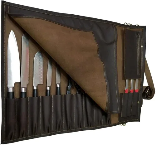 Vista 10 de Auténtico ligero Premium cuero profesional antiguo marrón largo cuchillo de chef bolsa/cuchillo de chef rollo 13 ranuras espacio # K5