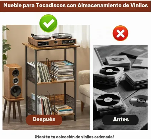 Vista 9 de Soporte para tocadiscos, soporte para discos de vinilo de 3 niveles, soporte giratorio con 2 separadores y 4 pies ajustables, mesa para tocadiscos
