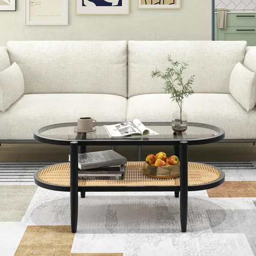 Vista 9 de Giantex Mesa de centro de ratán, mesa de té de madera ovalada de 2 niveles con mesa de vidrio templado y estante de almacenamiento de ratán de Negro
