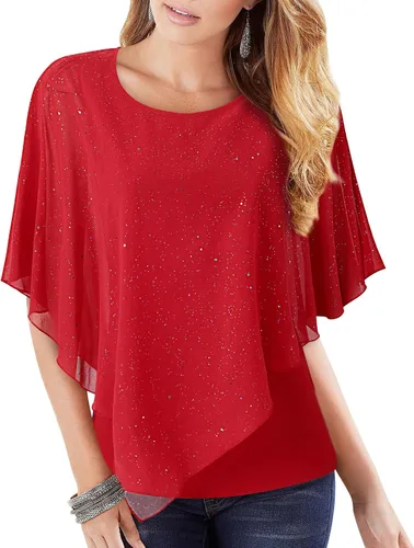 Vista 20 de Lotusmile Blusas elegantes de gasa tipo poncho para mujer 25 impresiones punto negro