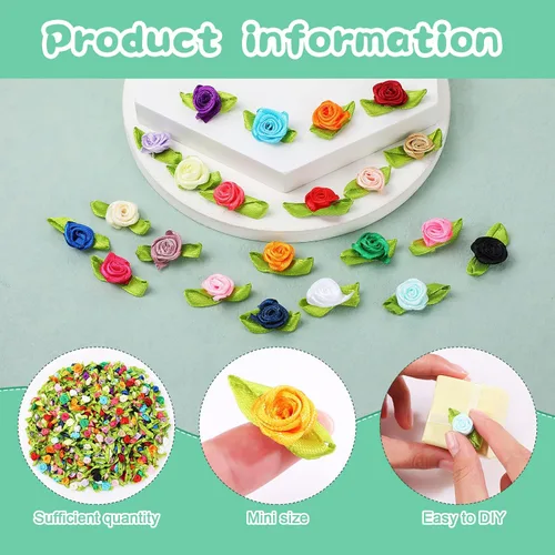 Vista 6 de 500 unidades de mini rosas multicolor de satén para manualidades, lazos de rosas pequeñas de satén de 0.59 pulgadas, pequeñas flores de tela