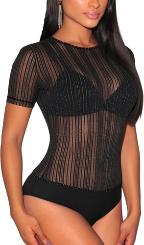 Vista 13 de Lrady Women's Short Sleeve Bodysuit Mesh Sheer Going Out Tops K#1 Negro