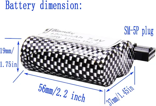 Vista 3 de Blomiky - Paquete de 2 baterías recargables de iones de litio de 7.4 V 1200 mAh con enchufe SM-5P y cable USB para alguna versión TX123 RC Boat