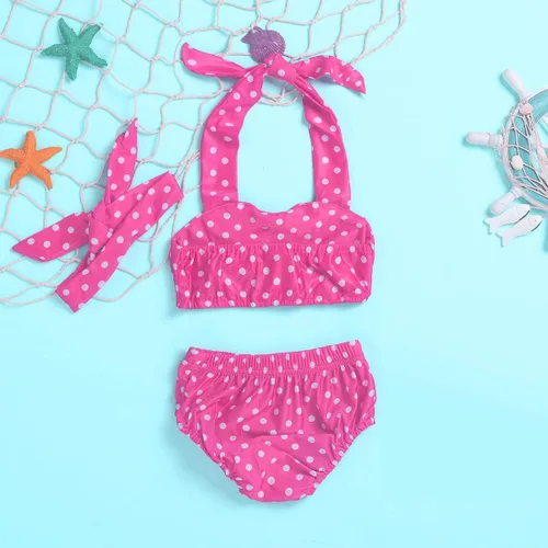 Vista 5 de Bikini para bebé niña, traje de baño de lunares para niños pequeños, conjunto de bikinis con diadema