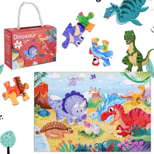Vista 2 de Rompecabezas para niños de 4 a 6 años, de 3 a 5 años, rompecabezas de dinosaurio de 36 piezas para niños pequeños, rompecabezas de piso de 5 a 7