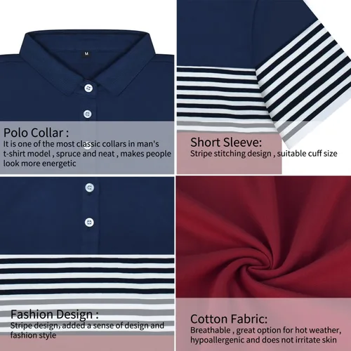 Vista 5 de LOGEEYAR Polo de manga corta para hombre, ajuste delgado, color contrastante, costuras a rayas, camiseta casual