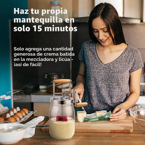 Vista 4 de Butter Churn - Batido de madera con mango de madera para hacer mantequilla manual, batidora de mantequilla, tarro masón de manivela de mano