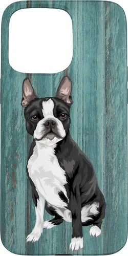 Vista 31 de Boston Terrier Faux Blue Wood Background Case for iPhone 17
