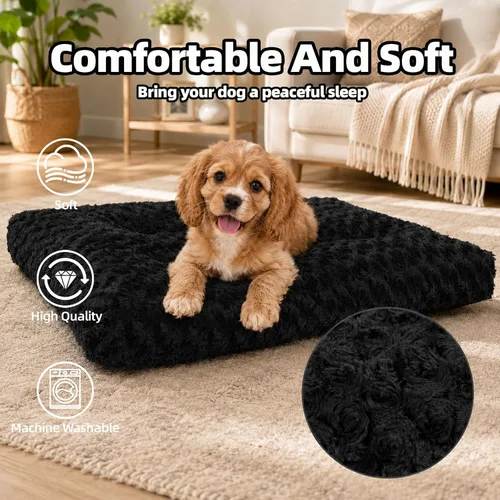 Vista 3 de Cama para perro de tamaño mediano, alfombra lavable de felpa para mascotas Negro