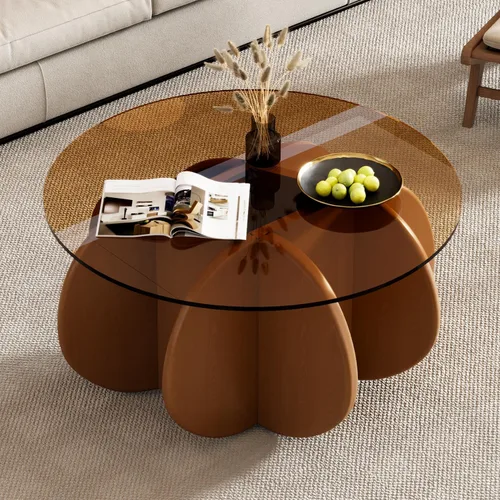 Vista 9 de Mesa de centro redonda de 31.5 pulgadas con parte superior de vidrio templado, mesa de cóctel moderna de mediados de siglo con base inspirada