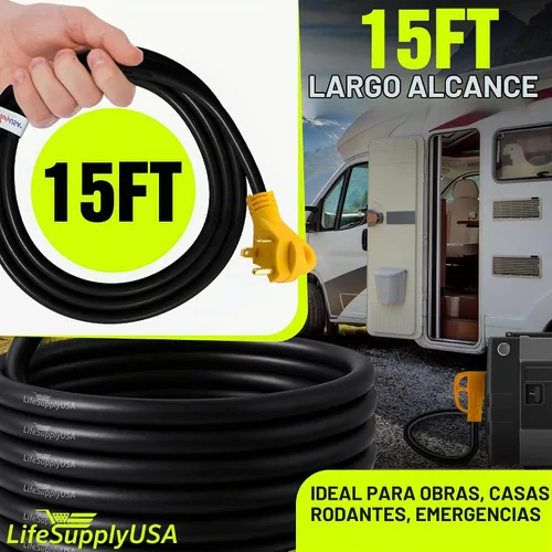 Vista 4 de Cable de extensión RV de 15 pies de 30 amperios (TT-30P/L5-30R) con conector de bloqueo giratorio y mango de fácil agarre, 10/3 AWG 125 voltios