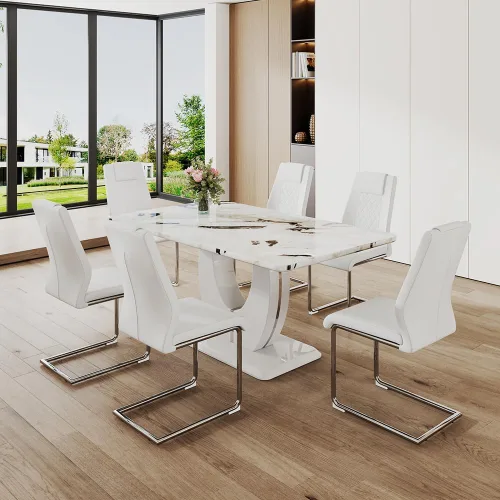 Vista 46 de JUFU Juego de mesa de comedor moderno para 4, juego de mesa de cocina rectangular de 63 pulgadas con mesa de mármol sintético y 4 sillas tapizadas