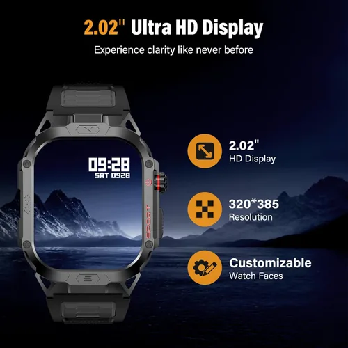 Vista 5 de Reloj inteligente militar para hombre, reloj inteligente deportivo al aire libre de 2.02 pulgadas con linterna, frecuencia cardíaca, oxígeno y Negro