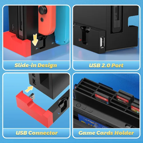 Vista 5 de FastSnail Cargador compatible con Nintendo Switch para Joy con, base de estación de carga y soporte de almacenamiento para tarjetas de juego con 28