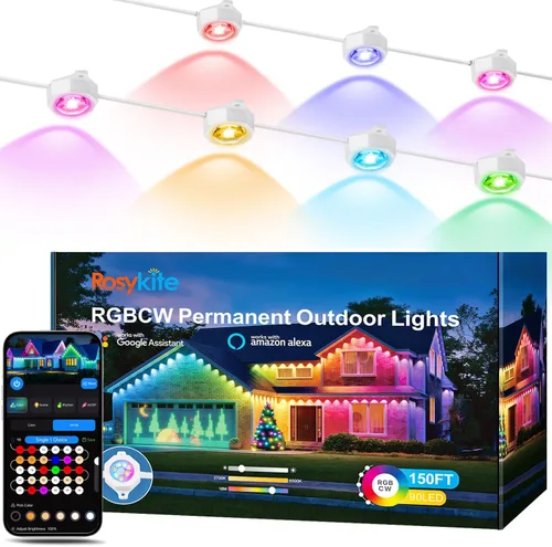 Vista 11 de Rosykite Luces de Navidad al Aire Libre - 50 pies de luces inteligentes RGB+IC para canalones con 63 escenas, impermeables IP67, control de voz