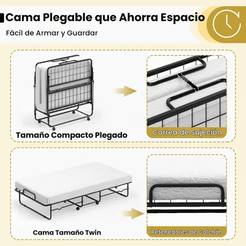 Vista 6 de Giantex Cama plegable individual con colchón, cama portátil enrollable con marco de metal resistente, cama plegable que ahorra espacio con colchón