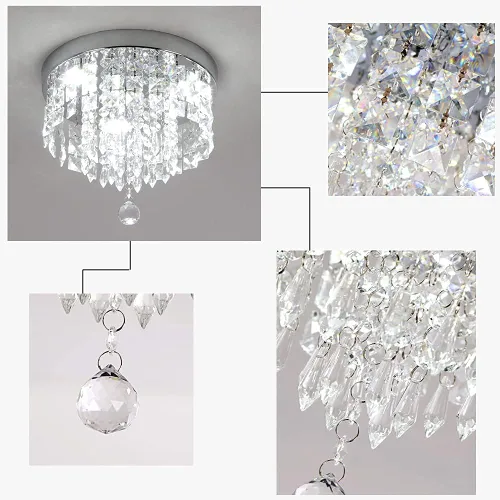 Vista 8 de Deckrico Candelabro de cristal moderno LED para techo, montaje empotrado, de acero inoxidable, pantalla de luz con cuentas para dormitorio, comedor