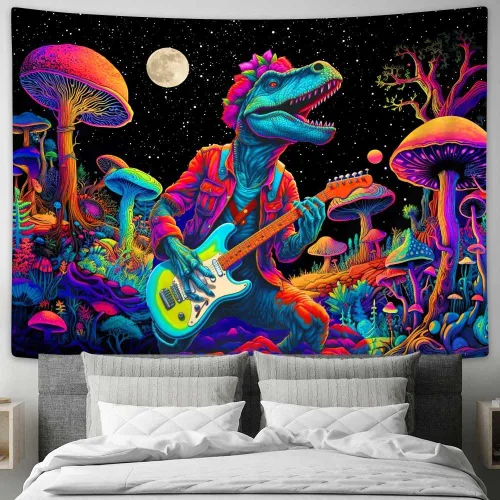 Vista 2 de SAOLUIS Tapiz de luz negra de dinosaurio, divertidos tapices de hongos de dinosaurio de neón reactivo a los rayos UV para colgar en la pared, tapiz