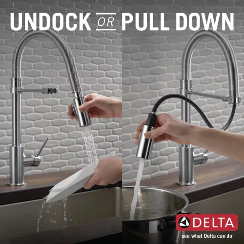 Vista 6 de Delta Faucet Trinsic Pro - Grifo de cocina de estilo comercial, grifos de cocina con rociador desplegable, grifo de fregadero de cocina, grifo